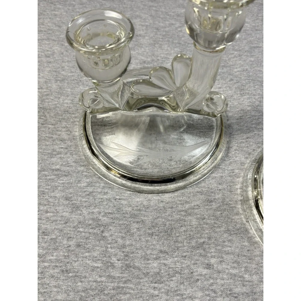 2 Glass Candle Holders VTG Jeanette 1950s Pair Clear Double‎ Lite 3375 Tulip Art